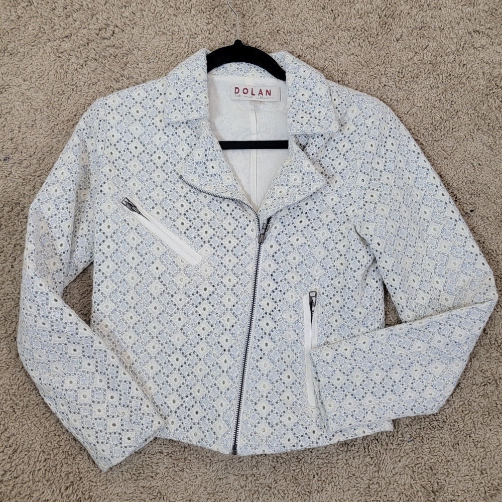 Anthropologie Women's Dolan Rossi Eyelet Moto Jacket Ivory‎ Blue XS